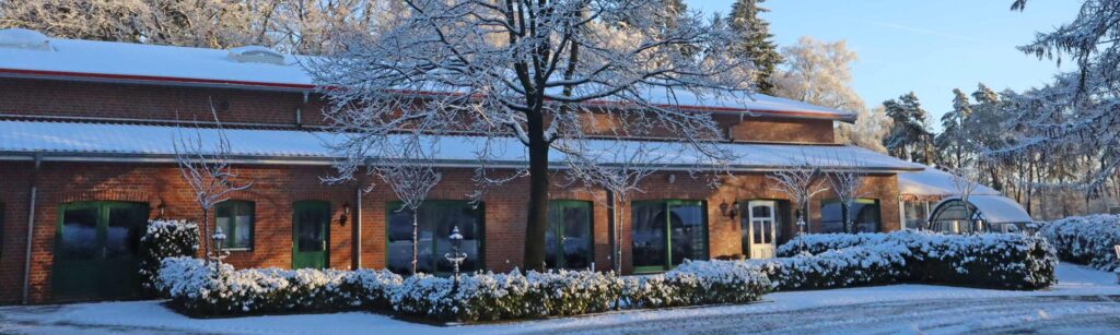 schneebedeckte Terrasse am Restaurant mit großer Eiche